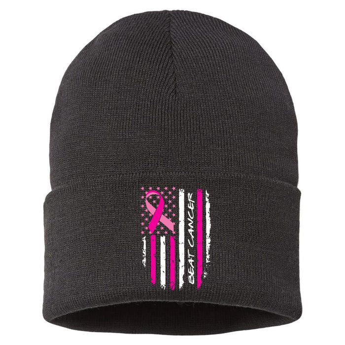 Breast Cancer Awareness USA Distressed Flag Sustainable Knit Beanie