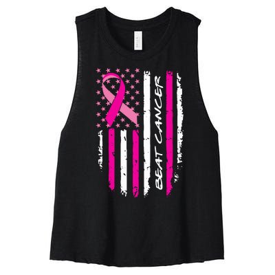 Breast Cancer Awareness USA Distressed Flag Women's Racerback Cropped Tank