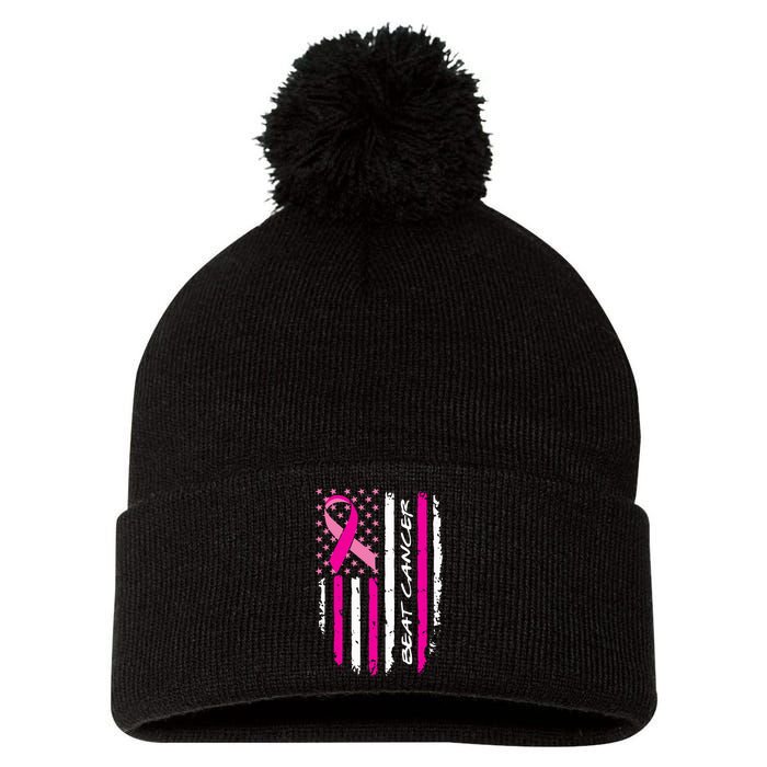 Breast Cancer Awareness USA Distressed Flag Pom Pom 12in Knit Beanie