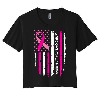 Breast Cancer Awareness USA Distressed Flag Women's Crop Top Tee