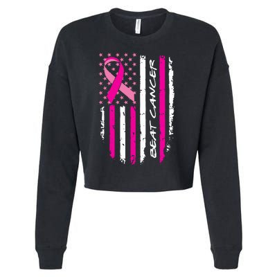 Breast Cancer Awareness USA Distressed Flag Cropped Pullover Crew