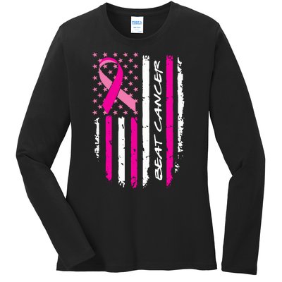 Breast Cancer Awareness USA Distressed Flag Ladies Long Sleeve Shirt