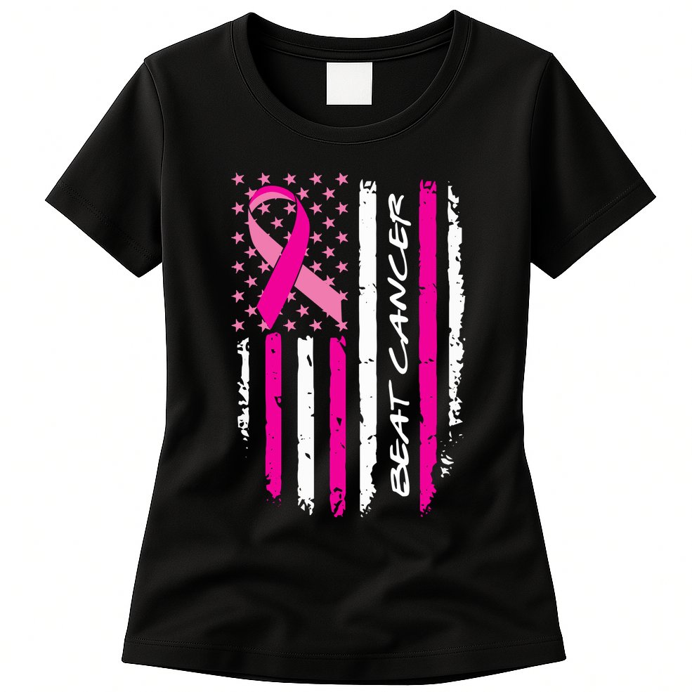 Breast Cancer Awareness USA Distressed Flag Womens T-Shirt