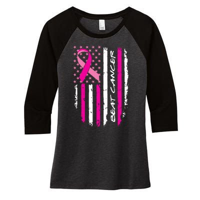 Breast Cancer Awareness USA Distressed Flag Women's Tri-Blend 3/4-Sleeve Raglan Shirt