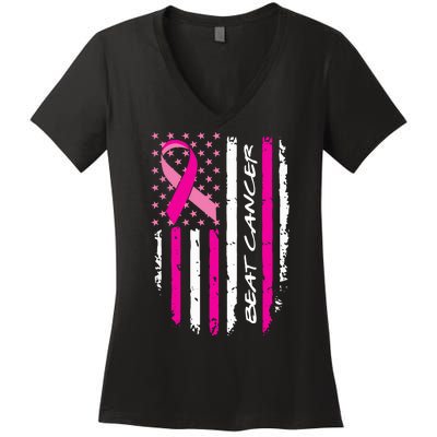 Breast Cancer Awareness USA Distressed Flag Women's V-Neck T-Shirt