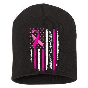 Breast Cancer Awareness USA Distressed Flag Short Acrylic Beanie