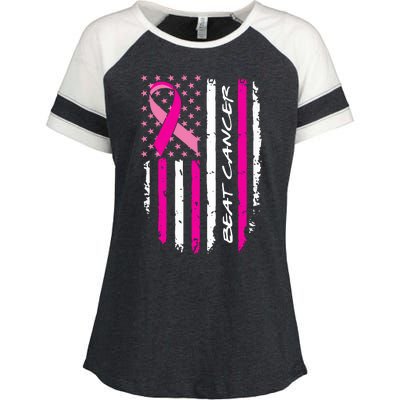 Breast Cancer Awareness USA Distressed Flag Enza Ladies Jersey Colorblock Tee