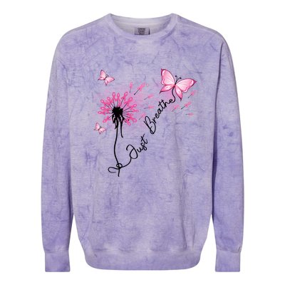 Breast Cancer Awareness Just Breathe Dandelion Pink Ribbon Butterfly Colorblast Crewneck Sweatshirt