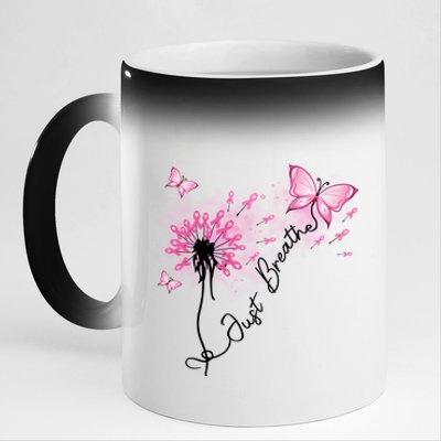 Breast Cancer Awareness Just Breathe Dandelion Pink Ribbon Butterfly 11oz Black Color Changing Mug