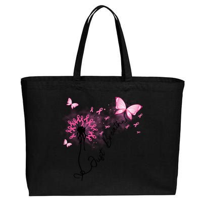 Breast Cancer Awareness Just Breathe Dandelion Pink Ribbon Butterfly Cotton Canvas Jumbo Tote