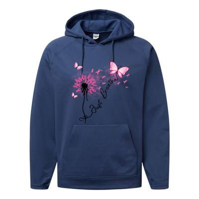 Breast Cancer Awareness Just Breathe Dandelion Pink Ribbon Butterfly Performance Fleece Hoodie