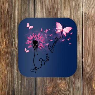 Breast Cancer Awareness Just Breathe Dandelion Pink Ribbon Butterfly Coaster