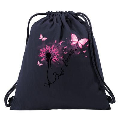 Breast Cancer Awareness Just Breathe Dandelion Pink Ribbon Butterfly Drawstring Bag