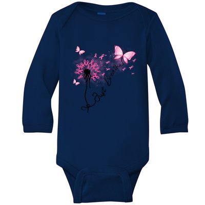 Breast Cancer Awareness Just Breathe Dandelion Pink Ribbon Butterfly Baby Long Sleeve Bodysuit