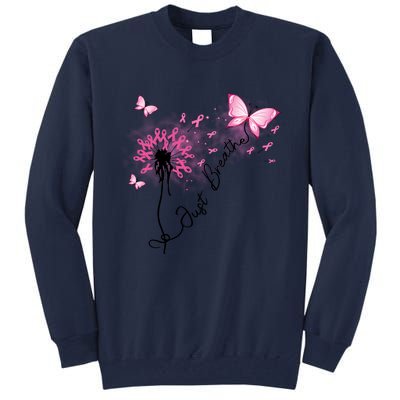 Breast Cancer Awareness Just Breathe Dandelion Pink Ribbon Butterfly Tall Sweatshirt