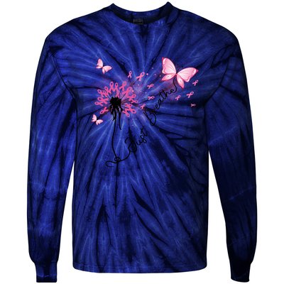 Breast Cancer Awareness Just Breathe Dandelion Pink Ribbon Butterfly Tie-Dye Long Sleeve Shirt