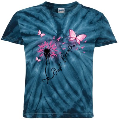 Breast Cancer Awareness Just Breathe Dandelion Pink Ribbon Butterfly Kids Tie-Dye T-Shirt