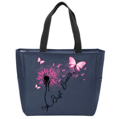 Breast Cancer Awareness Just Breathe Dandelion Pink Ribbon Butterfly Zip Tote Bag