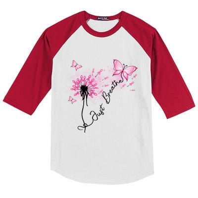 Breast Cancer Awareness Just Breathe Dandelion Pink Ribbon Butterfly Kids Colorblock Raglan Jersey