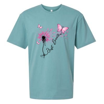 Breast Cancer Awareness Just Breathe Dandelion Pink Ribbon Butterfly Sueded Cloud Jersey T-Shirt