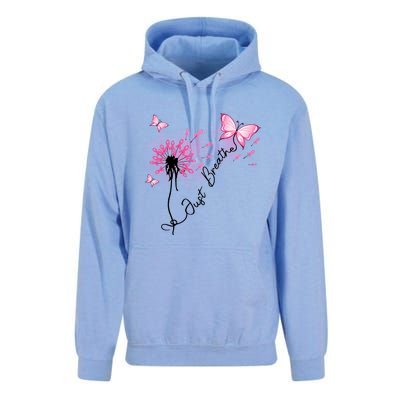 Breast Cancer Awareness Just Breathe Dandelion Pink Ribbon Butterfly Unisex Surf Hoodie