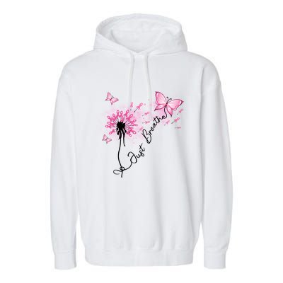 Breast Cancer Awareness Just Breathe Dandelion Pink Ribbon Butterfly Garment-Dyed Fleece Hoodie