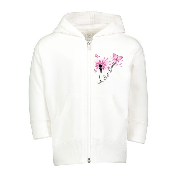 Breast Cancer Awareness Just Breathe Dandelion Pink Ribbon Butterfly Toddler Zip Fleece Hoodie