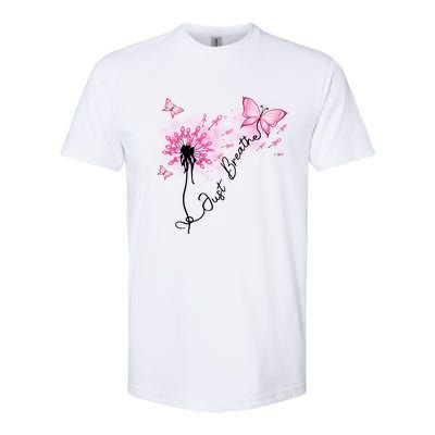 Breast Cancer Awareness Just Breathe Dandelion Pink Ribbon Butterfly Softstyle CVC T-Shirt