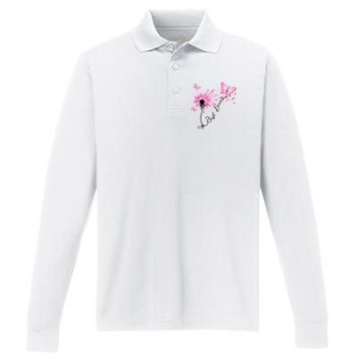 Breast Cancer Awareness Just Breathe Dandelion Pink Ribbon Butterfly Performance Long Sleeve Polo