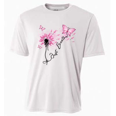 Breast Cancer Awareness Just Breathe Dandelion Pink Ribbon Butterfly Cooling Performance Crew T-Shirt