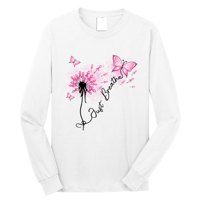 Breast Cancer Awareness Just Breathe Dandelion Pink Ribbon Butterfly Long Sleeve Shirt