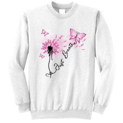 Breast Cancer Awareness Just Breathe Dandelion Pink Ribbon Butterfly Sweatshirt