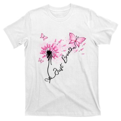 Breast Cancer Awareness Just Breathe Dandelion Pink Ribbon Butterfly T-Shirt