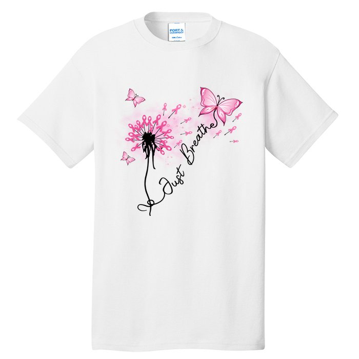 Breast Cancer Awareness Just Breathe Dandelion Pink Ribbon Butterfly Tall T-Shirt