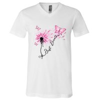 Breast Cancer Awareness Just Breathe Dandelion Pink Ribbon Butterfly V-Neck T-Shirt