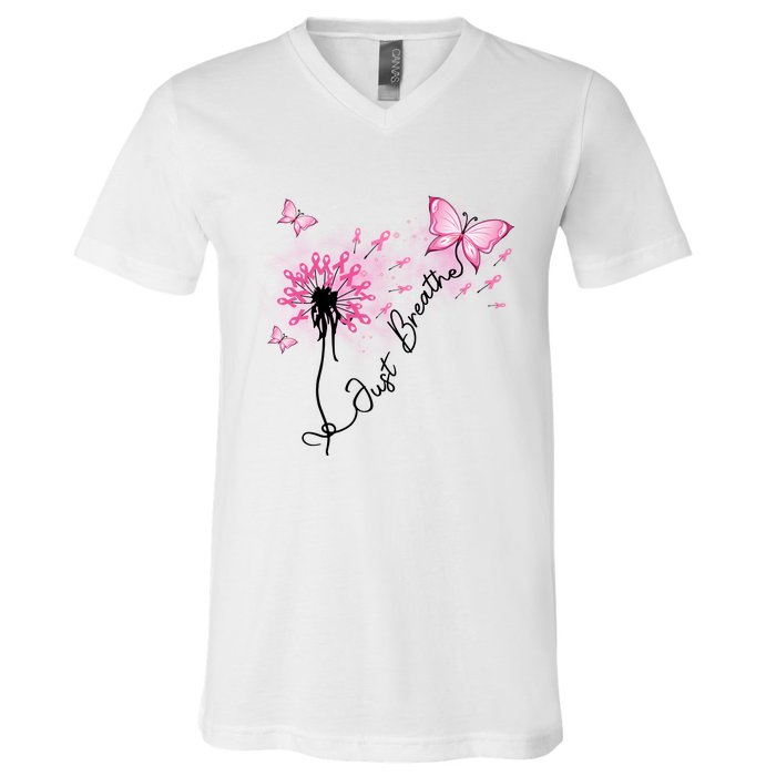 Breast Cancer Awareness Just Breathe Dandelion Pink Ribbon Butterfly V-Neck T-Shirt