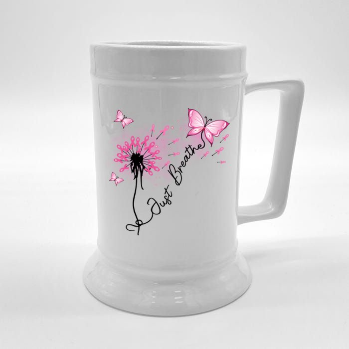 Breast Cancer Awareness Just Breathe Dandelion Pink Ribbon Butterfly Beer Stein