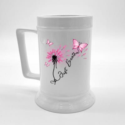 Breast Cancer Awareness Just Breathe Dandelion Pink Ribbon Butterfly Beer Stein