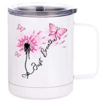 Breast Cancer Awareness Just Breathe Dandelion Pink Ribbon Butterfly 12 oz Stainless Steel Tumbler Cup