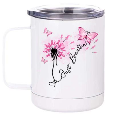 Breast Cancer Awareness Just Breathe Dandelion Pink Ribbon Butterfly 12 oz Stainless Steel Tumbler Cup