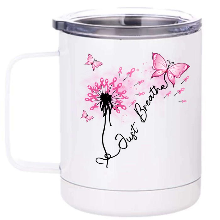 Breast Cancer Awareness Just Breathe Dandelion Pink Ribbon Butterfly 12 oz Stainless Steel Tumbler Cup