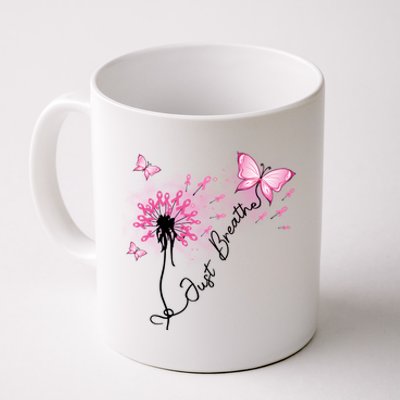 Breast Cancer Awareness Just Breathe Dandelion Pink Ribbon Butterfly Coffee Mug