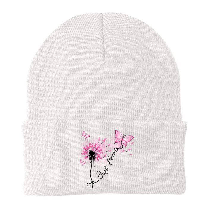 Breast Cancer Awareness Just Breathe Dandelion Pink Ribbon Butterfly Knit Cap Winter Beanie