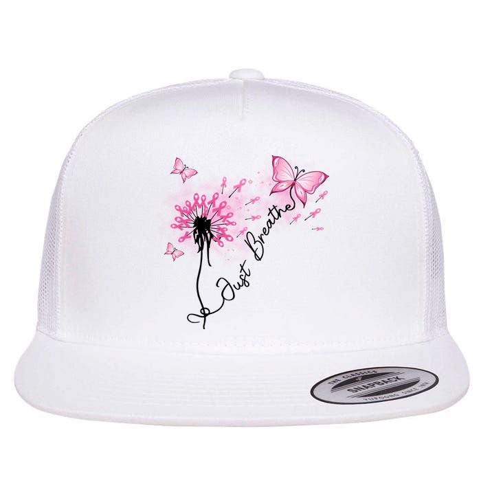 Breast Cancer Awareness Just Breathe Dandelion Pink Ribbon Butterfly Flat Bill Trucker Hat