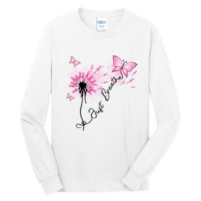 Breast Cancer Awareness Just Breathe Dandelion Pink Ribbon Butterfly Tall Long Sleeve T-Shirt