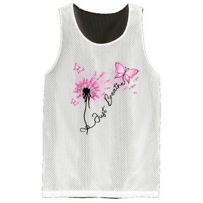 Breast Cancer Awareness Just Breathe Dandelion Pink Ribbon Butterfly Mesh Reversible Basketball Jersey Tank