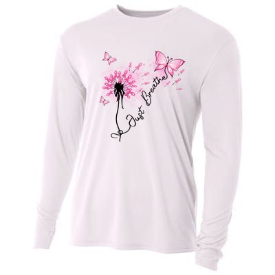 Breast Cancer Awareness Just Breathe Dandelion Pink Ribbon Butterfly Cooling Performance Long Sleeve Crew