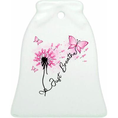 Breast Cancer Awareness Just Breathe Dandelion Pink Ribbon Butterfly Ceramic Bell Ornament