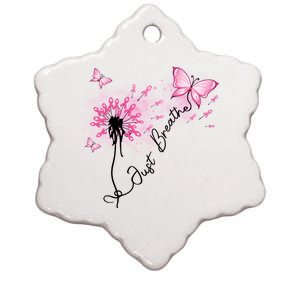 Breast Cancer Awareness Just Breathe Dandelion Pink Ribbon Butterfly Ceramic Star Ornament