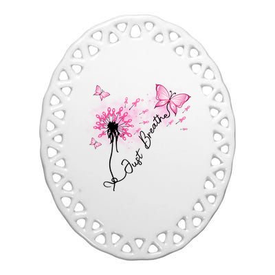 Breast Cancer Awareness Just Breathe Dandelion Pink Ribbon Butterfly Ceramic Oval Ornament